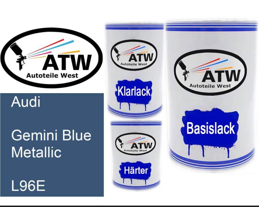 Audi, Gemini Blue Metallic, L96E: 500ml Lackdose + 500ml Klarlack + 250ml Härter - Set, von ATW Autoteile West.